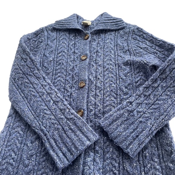 LL Bean Vintage L Blue Cable Knit Wool Bl Buttons Chunky Cardigan Sweater Granny - Picture 12 of 16